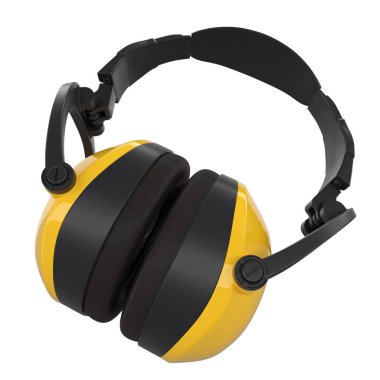 Kırpma yolu olan beyaz bir kulaklığa izole edilmiş koruyucu sarı kulaklıklar. Tamir ve inşa etmek için kullanılan aracın 3d görüntülenmesi ve çizimi