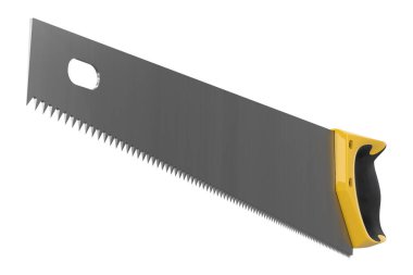 Kesme yolu ile beyaza izole edilmiş sertleştirilmiş dişlerle el testeresi. Marangozluk işi veya ahşap araçları için 3d görüntüleme ve illüstrasyon