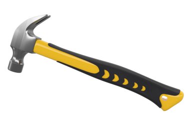 Siyah ve sarı çekiç. Lastik saplı. Kırpma yolu olan beyaza izole edilmiş. Tamir ve inşa etmek için kullanılan aracın 3d görüntülenmesi ve çizimi
