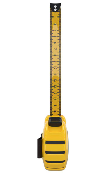 Yellow carpenter measuring tape isolated on white with clipping path and imperial units scale. 3d render and illustration of tool for repair and building