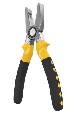 Sarı elli kerpeten, kırpma yolu olan beyaz üzerine izole edilmiş. Onarım ve kurulum için aracın 3d görüntüleme ve resimlemesi