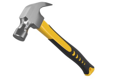 Siyah ve sarı çekiç. Lastik saplı. Kırpma yolu olan beyaza izole edilmiş. Tamir ve inşa etmek için kullanılan aracın 3d görüntülenmesi ve çizimi