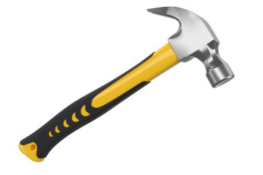 Siyah ve sarı çekiç. Lastik saplı. Kırpma yolu olan beyaza izole edilmiş. Tamir ve inşa etmek için kullanılan aracın 3d görüntülenmesi ve çizimi