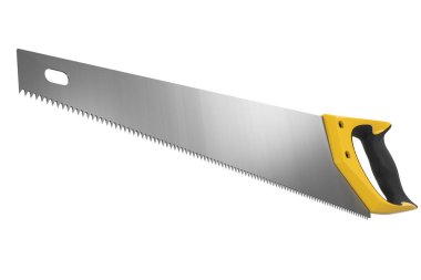 Kesme yolu ile beyaza izole edilmiş sertleştirilmiş dişlerle el testeresi. Marangozluk işi veya ahşap araçları için 3d görüntüleme ve illüstrasyon