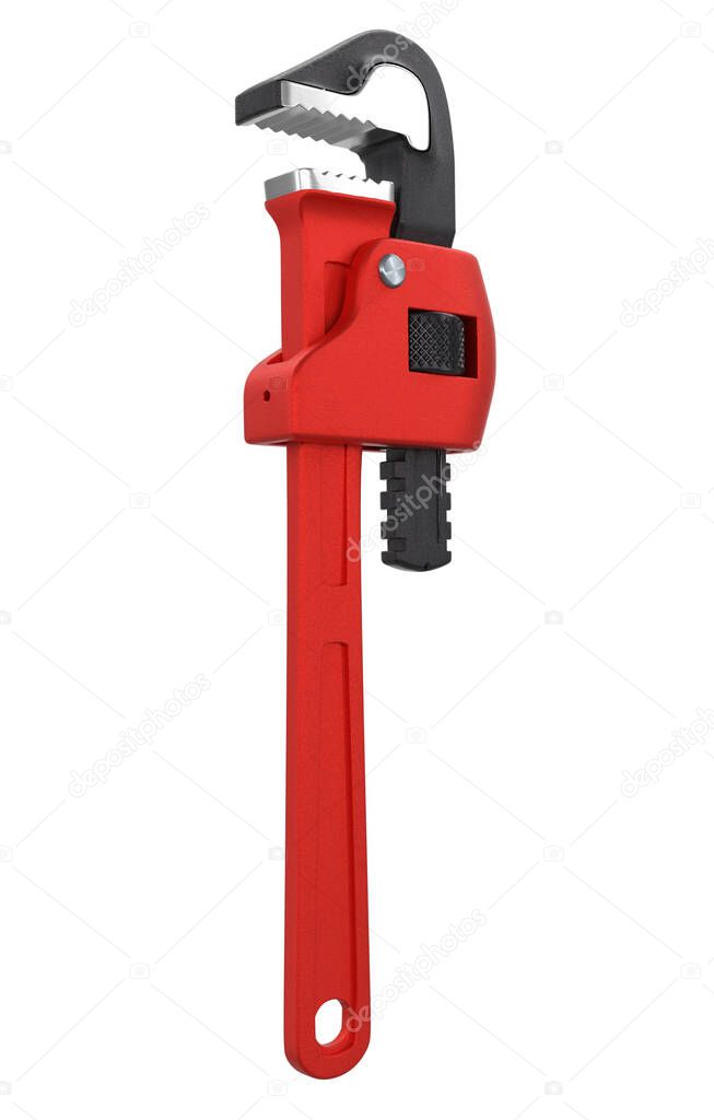 Adjustable pipe wrench, spanner or plumbing tool isolated on white with clipping path. 3d render and illustration of tool for carpentry work or intrument for wood
