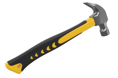 Siyah ve sarı çekiç. Lastik saplı. Kırpma yolu olan beyaza izole edilmiş. Tamir ve inşa etmek için kullanılan aracın 3d görüntülenmesi ve çizimi