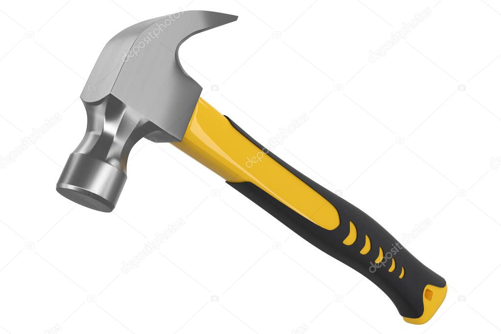 Black and yellow hammer with a rubberized handle isolated on white with clipping path. 3d render and illustration of tool for repair and building