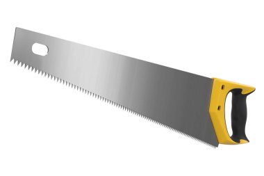 Kesme yolu ile beyaza izole edilmiş sertleştirilmiş dişlerle el testeresi. Marangozluk işi veya ahşap araçları için 3d görüntüleme ve illüstrasyon