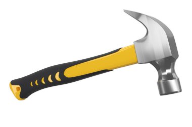 Siyah ve sarı çekiç. Lastik saplı. Kırpma yolu olan beyaza izole edilmiş. Tamir ve inşa etmek için kullanılan aracın 3d görüntülenmesi ve çizimi