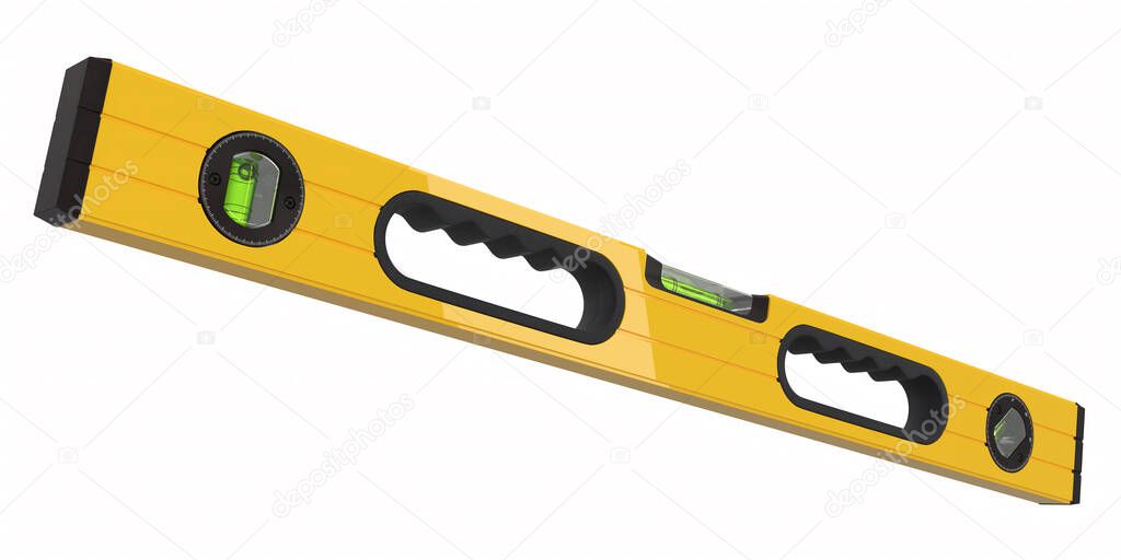 Building spirit level tool isolated on white with clipping path. 3d render and illustration of tool for repair and building