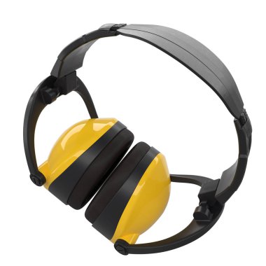 Kırpma yolu olan beyaz bir kulaklığa izole edilmiş koruyucu sarı kulaklıklar. Tamir ve inşa etmek için kullanılan aracın 3d görüntülenmesi ve çizimi