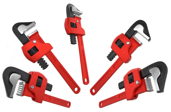 Serie di chiavi a tubo regolabili, chiave o utensile idraulico isolato su bianco — Foto Stock