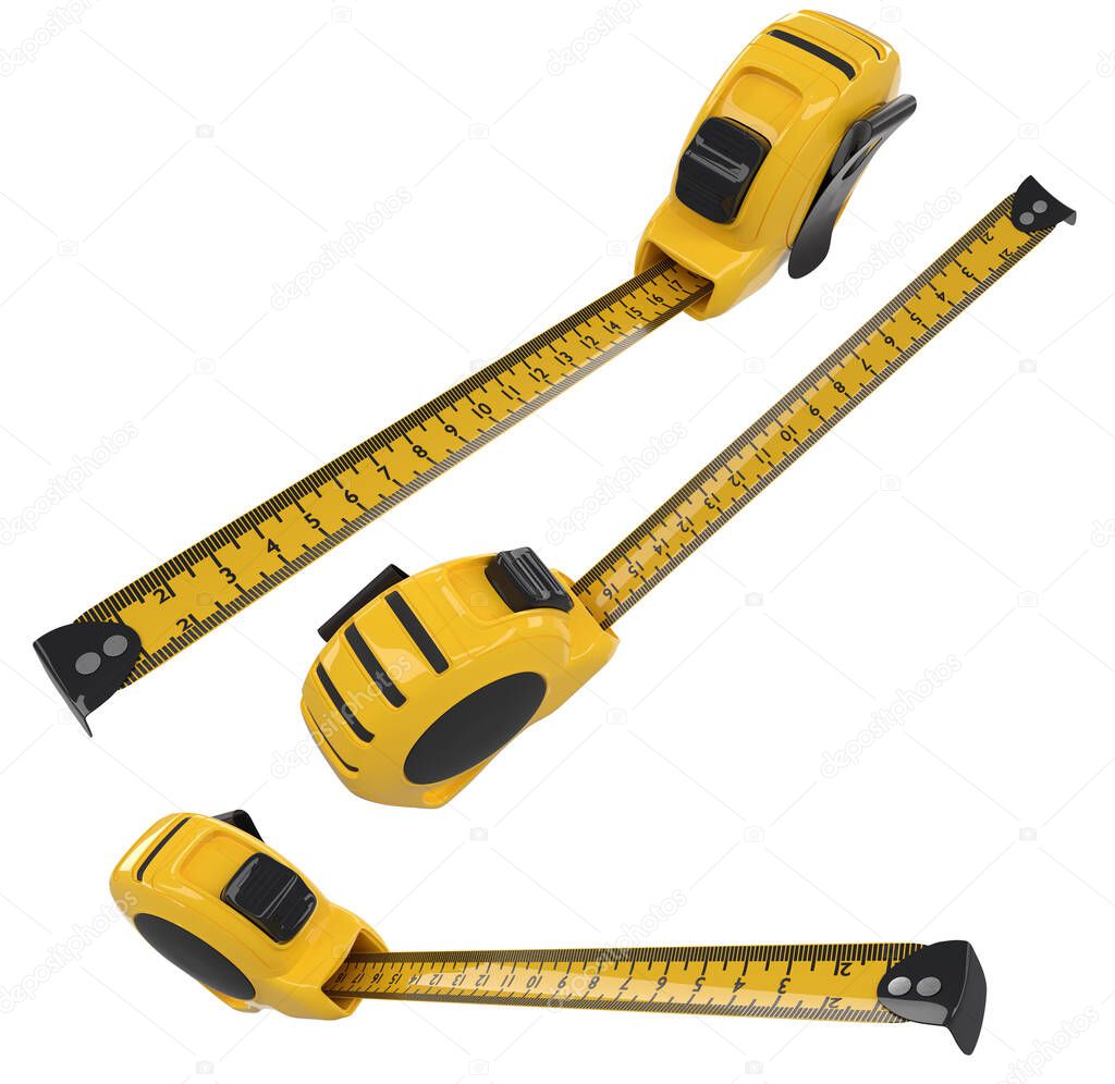 Set of bellow carpenter measuring tape isolated on white with units scale