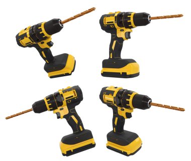 Kırpma yolu ile beyaz üzerine izole kablosuz matkap veya tornavida seti