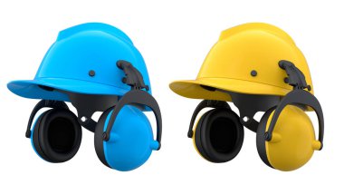 Kırpma yolu ile beyaz arkaplanda izole edilmiş koruyucu kasklar, güvenlik inşaat ekipmanlarını sembolize ediyor