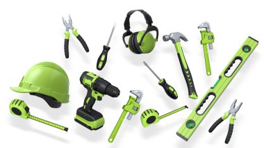 Yapım araçları ve güvenlik ekipmanları kesme yolu olan beyaz arka planda izole edilmiş. İş güvenliği ve inşaat araçları kavramı