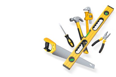 Testere, tornavida, çekiç, ingiliz anahtarı, pense gibi çeşitli el aletleri ve kesme yolu ile beyaz arkaplanda izole edilmiş seviye.