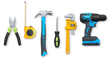 Pense, mezura, çekiç ve matkap gibi çeşitli el aletleri kırpma yolu ile beyaz arkaplanda izole edilmiş, DIY kavramı.