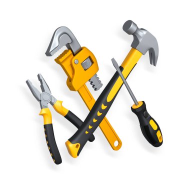 Pense, boru anahtarı, çekiç ve tornavida da dahil olmak üzere el aletleri beyaz arka planda kırpma yolu ile izole edilmiş, tamir konsepti