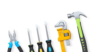 Pense, boru anahtarı, çekiç ve tornavida da dahil olmak üzere el aletleri beyaz arka planda kırpma yolu ile izole edilmiş, tamir konsepti