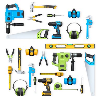 Yapı araçları, miğferler ve güvenlik teçhizatlarının toplanması, kırpma yolu ile beyaz arka planda izole edilmiş, iş güvenliğini sembolize ediyor ve sanayiyi inşa ediyor