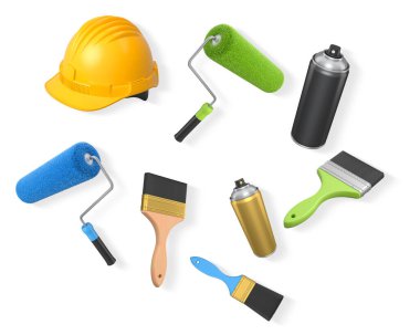 Beyaz arka planda izole edilmiş boya fırçalı ve silindirli güvenlik kaskı. Resim, yenileme ve inşaat kavramı