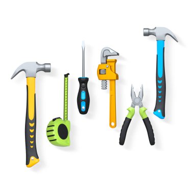 Pense, mezura, çekiç ve matkap gibi çeşitli el aletleri kırpma yolu ile beyaz arkaplanda izole edilmiş, DIY kavramı.