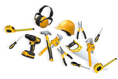 Yapı araçları, miğferler ve güvenlik teçhizatlarının toplanması, kırpma yolu ile beyaz arka planda izole edilmiş, iş güvenliğini sembolize ediyor ve sanayiyi inşa ediyor