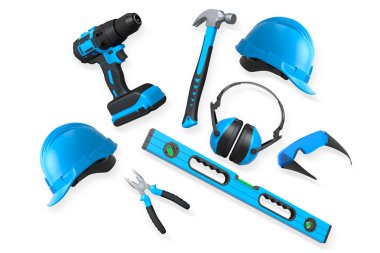 Yapı araçları, miğferler ve güvenlik teçhizatlarının toplanması, kırpma yolu ile beyaz arka planda izole edilmiş, iş güvenliğini sembolize ediyor ve sanayiyi inşa ediyor