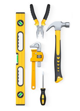 Testere, tornavida, çekiç, ingiliz anahtarı, pense gibi çeşitli el aletleri ve kesme yolu ile beyaz arkaplanda izole edilmiş seviye.