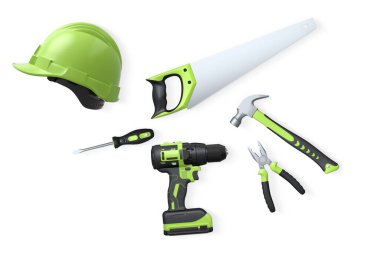 Yapı araçları, miğferler ve güvenlik teçhizatlarının toplanması, kırpma yolu ile beyaz arka planda izole edilmiş, iş güvenliğini sembolize ediyor ve sanayiyi inşa ediyor