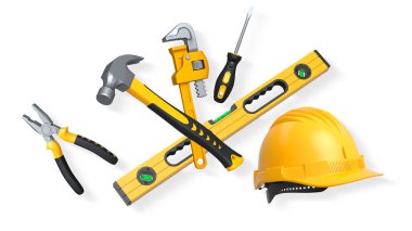 Yapı araçları, miğferler ve güvenlik teçhizatlarının toplanması, kırpma yolu ile beyaz arka planda izole edilmiş, iş güvenliğini sembolize ediyor ve sanayiyi inşa ediyor