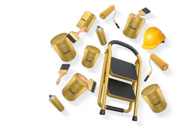 Kovalarla, fırçalarla, rulolarla, sprey kutularla ve beyaz arka planda izole edilmiş merdiven boyama araçlarıyla kırpma yolu, yenileme işi kavramı