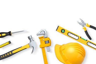 İngiliz anahtarı, çekiç, kerpeten ve miğfer de dahil olmak üzere çeşitli inşaat aletleri kırpma yolu ve inşaat konsepti ile beyaz arka planda izole edilmiş.