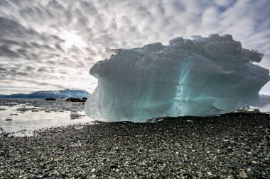 Büyük buz blokları olan soğuk bir sahilden su manzarası
