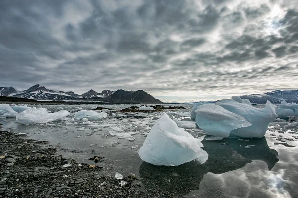 从一个有大块冰块的冷岸观看水 — 图库照片