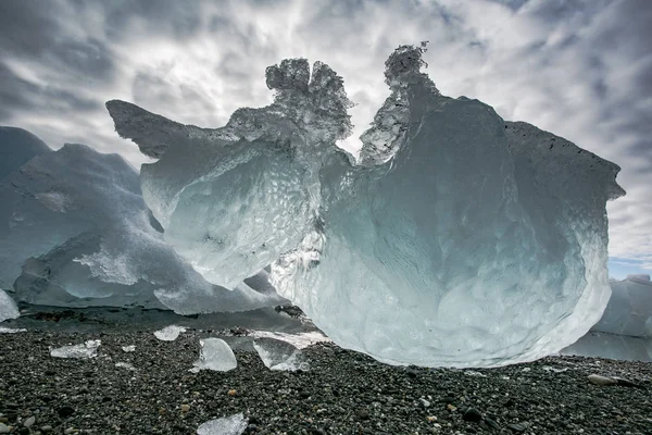 大きな氷塊を持つ冷たい海岸からの水の上で見る — ストック写真