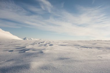 Soğuk ama güzel sonsuz karlı tepelerin fotoğrafı.