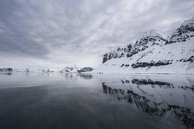 Arktika 'daki karlı kayalık kıyı şeridine sudan bak