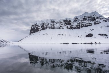 Arktika 'daki karlı kayalık kıyı şeridine sudan bak