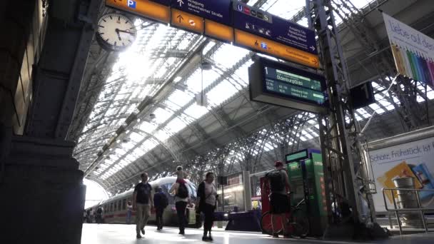 Tren de cercanías en la plataforma Estación Central de Frankfurt Hauptbahnhof Clip De Vídeo