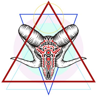 Geometrik bir sembol ile RAM kafatası. Dotwork tarzı.