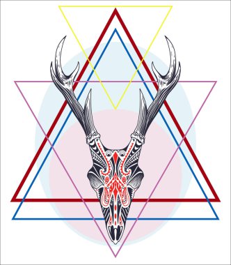 Geyik boynuzları dokulu vektör çizim ile kafatası ile geometrik etiket el çekilmiş.
