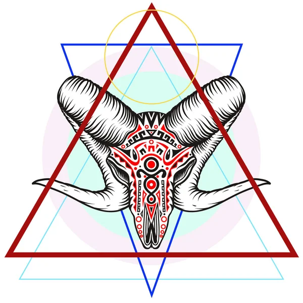 Geometrik bir sembol ile RAM kafatası. Dotwork tarzı.