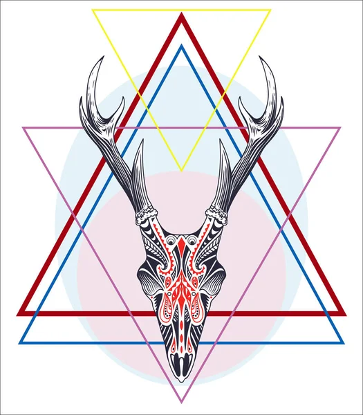 Geyik boynuzları dokulu vektör çizim ile kafatası ile geometrik etiket el çekilmiş.