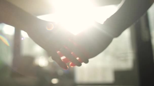 Close-up van zakenmensen die de zonsondergang de hand schudden. Zakenman en vrouw schudden handen. — Stockvideo