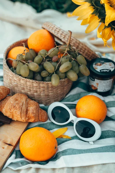 taze meyve ve ayçiçeği açık havada piknik masa örtüsü üzerinde