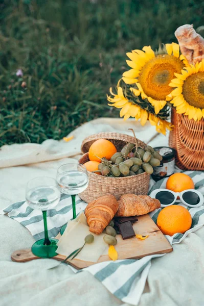 taze meyve ve ayçiçeği açık havada piknik masa örtüsü üzerinde