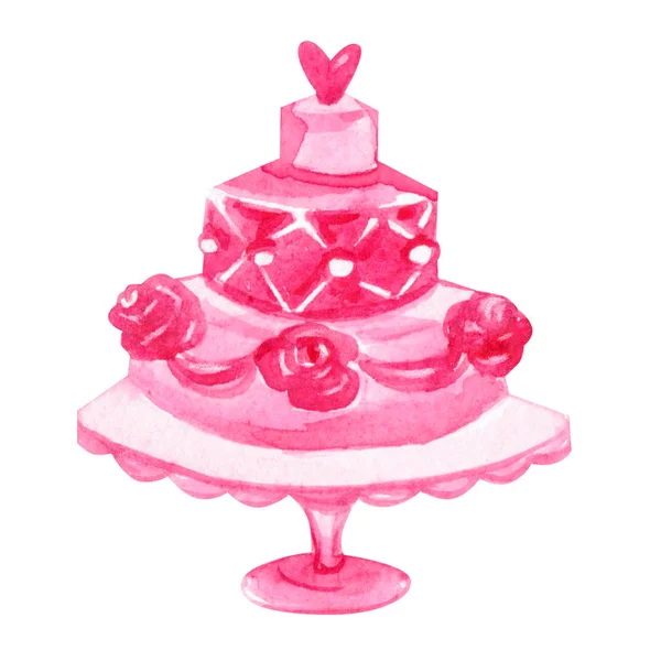 Akwarela Ilustracja Różowy Tort Białym Tle — Zdjęcie stockowe