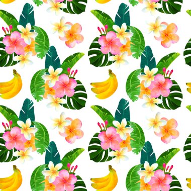 Monstera buket tropikal seamless modeli, ebegümeci, plumeria bırakır. Modaya uygun bitki illüstrasyon. Yaz arka plan. Tekstil ve kağıt sarma için mükemmeldir.